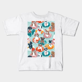Summer pool pawty // aqua background dog breeds in vacations playing on swimming pool floats Kids T-Shirt